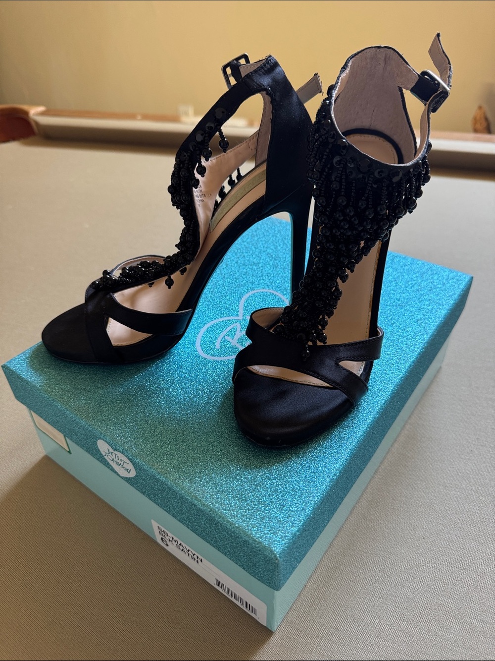 Betsey Johnson Black Beaded Fringe High Heel Sandals